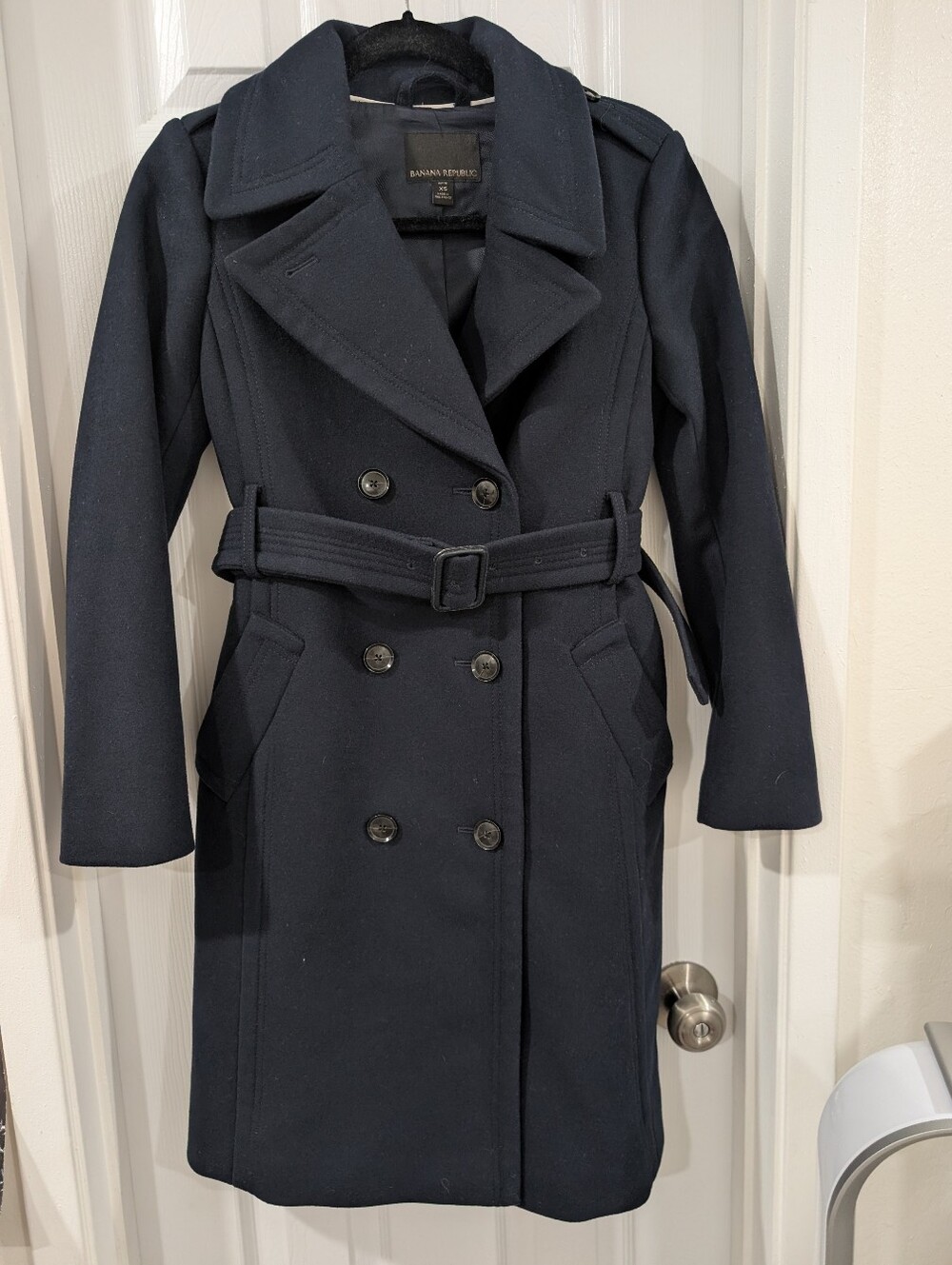 Banana Republic Navy Wool Blend Double Breasted Trench Coat Peacoat XS Petite